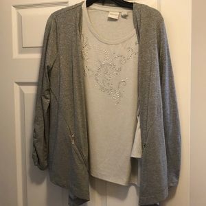 Shimmery gray sweater with matching top.